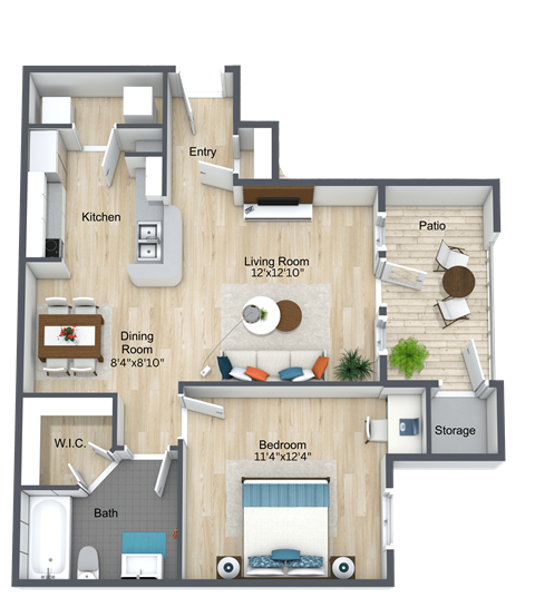 Floor plan for 1 bed, 1 bath, 667 sqft